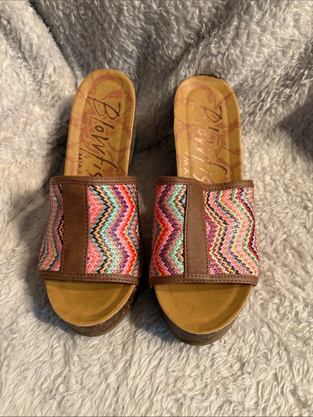 Blowfish Brown Slide Mules with Multicolor Zigzag Upper